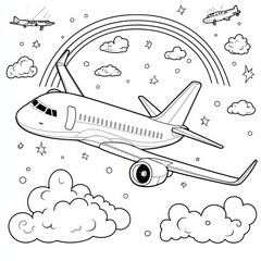 Rainbow Flight: A whimsical coloring page featuring an airplane soaring through a rainbow-arched sky, surrounded by clouds and stars. Perfect for kids and aviation enthusiasts. 