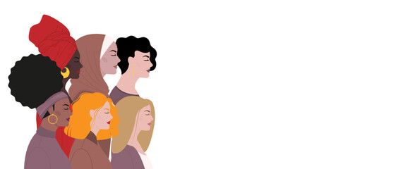 Multiethnic group of women. Women's rights movements. Concept of equality and independence. Horizontal banner for International Women's Day with copy space. Vector illustration