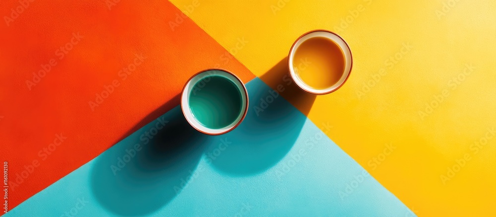 Aufkleber vibrant minimalist composition featuring colorful paper angles with circular objects creating a dyna