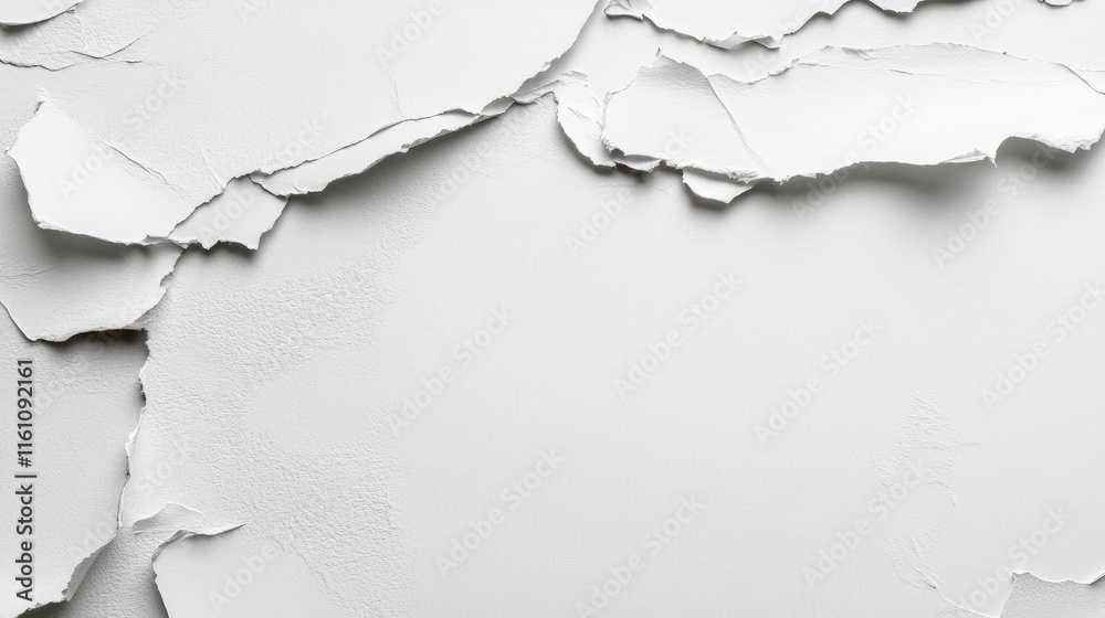 Poster torn paper texture on white table background with layered creases and subtle shadows for creative de