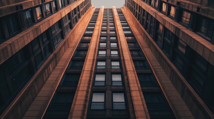 Fototapeta premium Art Deco architectural faÃ§ade showcasing strong lines and vertical design captured from a low angle perspective.