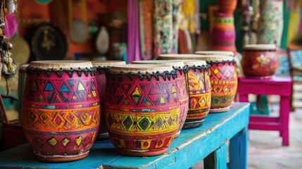 Fototapeta premium Colorful ceremonial drums displayed in a vibrant artistic setting showcasing intricate patterns and traditional craftsmanship