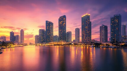 Fototapeta premium Sunset Cityscape with Illuminated Skyscrapers Reflecting on Water