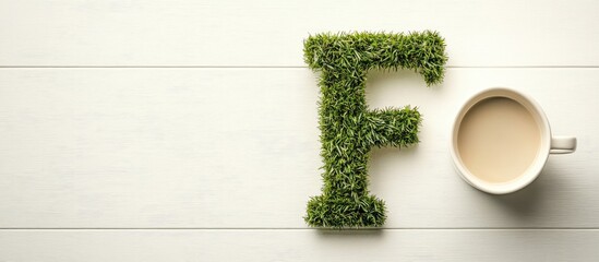 Ceramic mug on table beside grassy letter F creating inviting space for personalized text or branding concepts on a neutral backdrop