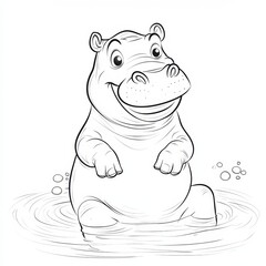 Smiling Hippo in Water:  A simple line drawing of a happy hippopotamus sitting in water with a big smile, perfect for kids coloring pages or illustrations. 