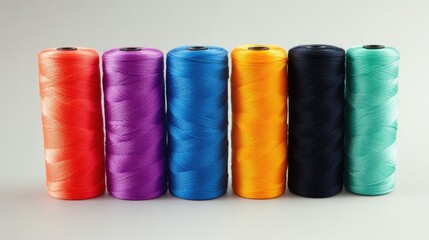 Colorful Spools of Thread for Sewing and Crafting in a Textile Workshop Displayed in a Row on a Neutral Background