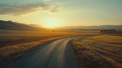 Naklejka premium Serene Curving Road Through a Golden Field at Sunset Offering Tranquil Landscape Views
