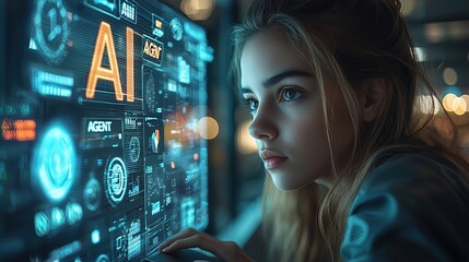 Young Woman Engaged with Technology in Modern Workspace