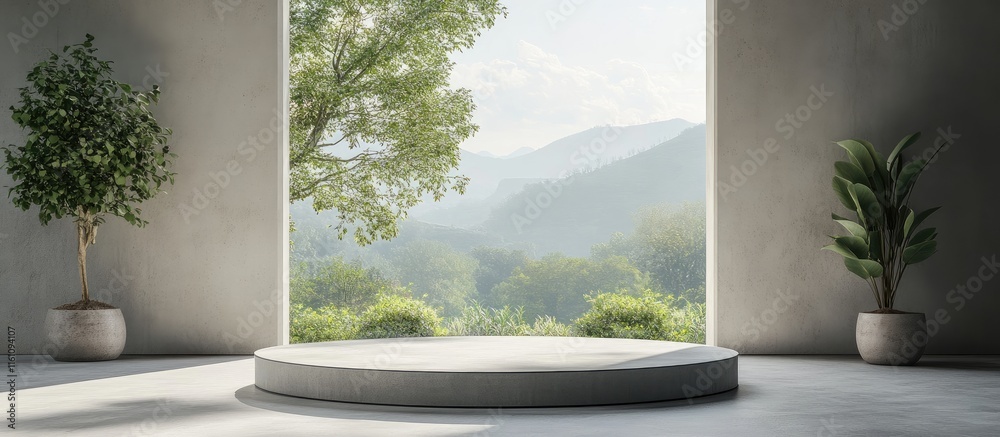 Poster modern display podium with panoramic window showcasing nature view and empty space for customizable 