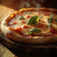 A vibrant photo of a classic Italian pizza with fresh tomatoes, basil, and mozzarella, set against a rustic wooden table, conveying a homemade feel