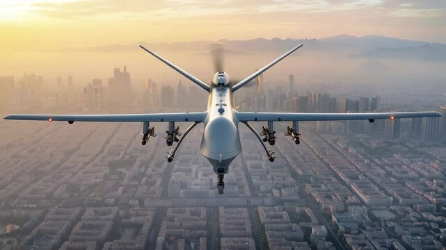 Drone soaring over urban landscape at sunrise with city and mountain views
