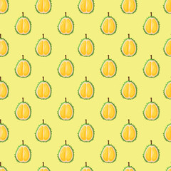 Durian fruit flat seamless pattern on yellow background. Wrapping paper, gift card, poster, banner design. Home decor, modern textile print. Summer bright geometric fruits patterned.