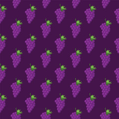 Grapes fruit flat seamless pattern on dark purple background. Wrapping paper, gift card, poster, banner design. Home decor, modern textile print. Summer bright geometric fruits patterned.