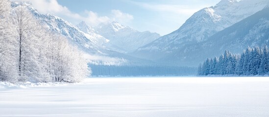 Obraz premium Winter Landscape of Snow-Covered Alpine Lake with Majestic Mountains and Clear Blue Sky Ideal for Text Overlay and Nature Themes