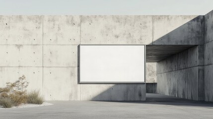 Obraz premium Minimalist Concrete Entrance Featuring a Blank Signboard in an Open Space Design