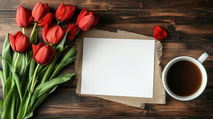 Modern workspace flat lay with red tulips blank stationery and coffee on rustic wooden desk for creative and professional settings