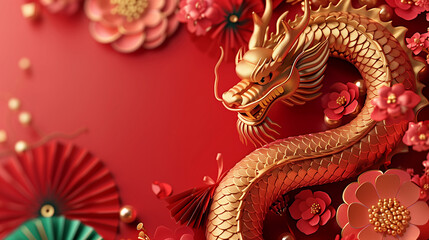 Obraz premium True red monochromatic background, close up to a golden dragon, red paper fans with pink flowers on the right side of a red color banner.