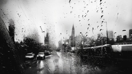 Fototapeta premium Raindrops cascading on wet glass creating a moody urban atmosphere during overcast weather with blurred city skyline in background.