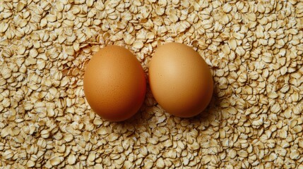 Two brown eggs resting on a bed of oats with a natural rustic background showcasing wholesome ingredients for healthy cooking.