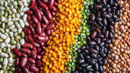 Fototapeta premium Colorful Variety of Beans and Lentils Organized in a Vertical Layout for Healthy Eating and Culinary Inspiration