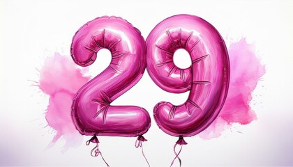 Pink birthday / anniversary balloon, number 29, watercolor painting with white background