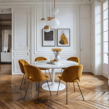 Salle &agrave; manger avec table ronde blanche et chaises jaunes dans un int&eacute;rieur classique.