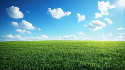 Fototapeta premium Spacious green field under a bright blue sky with fluffy clouds creating a serene landscape ideal for nature and agriculture themes