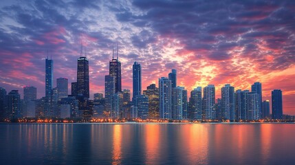 Obraz premium Stunning Urban Sunset with Skyscrapers Reflecting in Water
