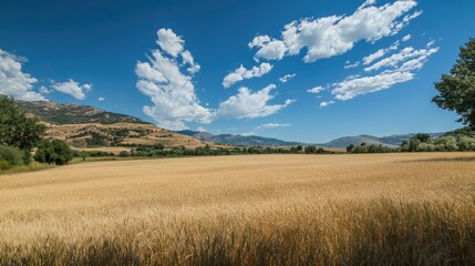 Obraz premium Golden wheat field basking in sunlight with a picturesque landscape of mountains and clouds in the background