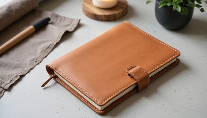 Tan leather notebook on desk with pen and plant