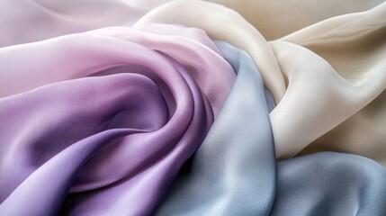 Fototapeta premium Elegant soft pastel silk fabric with fluid wavy texture showcasing luxurious satin cloth in a delicate background for versatile design use.