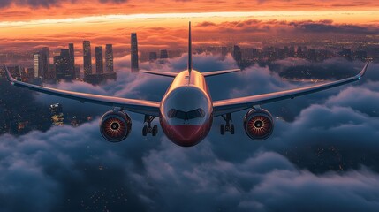 Airplane flying above clouds at sunset with city skyline in background