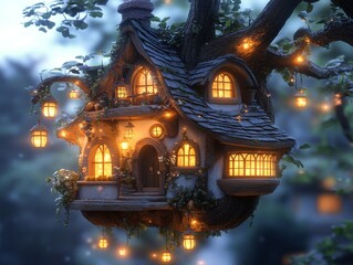 Fototapeta premium A whimsical treehouse adorned with glowing lanterns, nestled in a lush, enchanting environment.