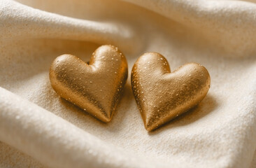 Obraz premium Two shiny hearts on delicate fabric symbolizing love and romance,