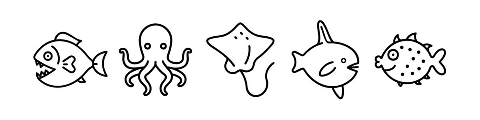 Line Icons of Exotic Marine Creatures - Minimalistic line icons showcasing exotic marine creatures, including a piranha, octopus, stingray, sunfish, and pufferfish, perfect for underwater designs.