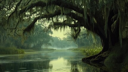 Obraz premium Serene swamp landscape with moss-covered trees reflecting in calm water under soft natural light