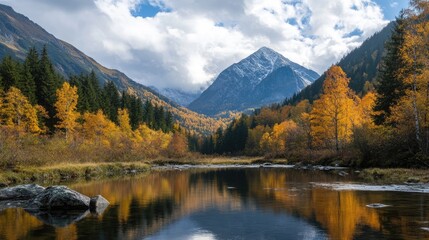 Fototapeta premium Autumn Serenity Scenic View of Mountains River and Colorful Trees Under a Dramatic Sky in a Peaceful Natural Landscape