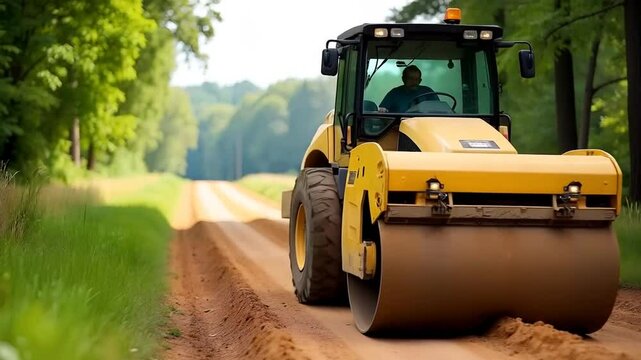 Road roller truck pressing fresh dirt road, showcasing construction precision and machinery