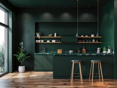 Kitchen with a green color theme and a potted plant on the counter. The kitchen has a marble countertop and wooden stools