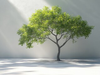 Obraz premium A solitary green tree stands against a light backdrop, symbolizing nature and tranquility.
