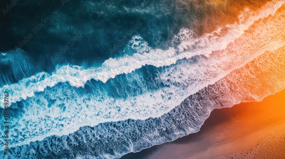 Poster aerial view of waves and beach with abstract colorful patterns and textures creating a vibrant and d