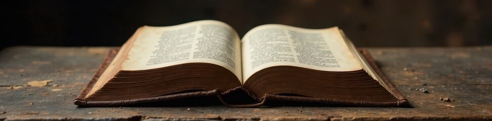 Ancient tome bound in worn leather lies open on a dusty altar, old tomes, mysterious symbols