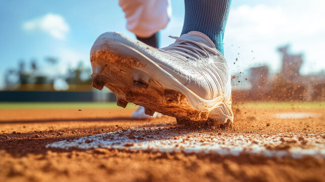 Close-up of baseball player's cleats on pitcher's mound dusting dirt on sunny day