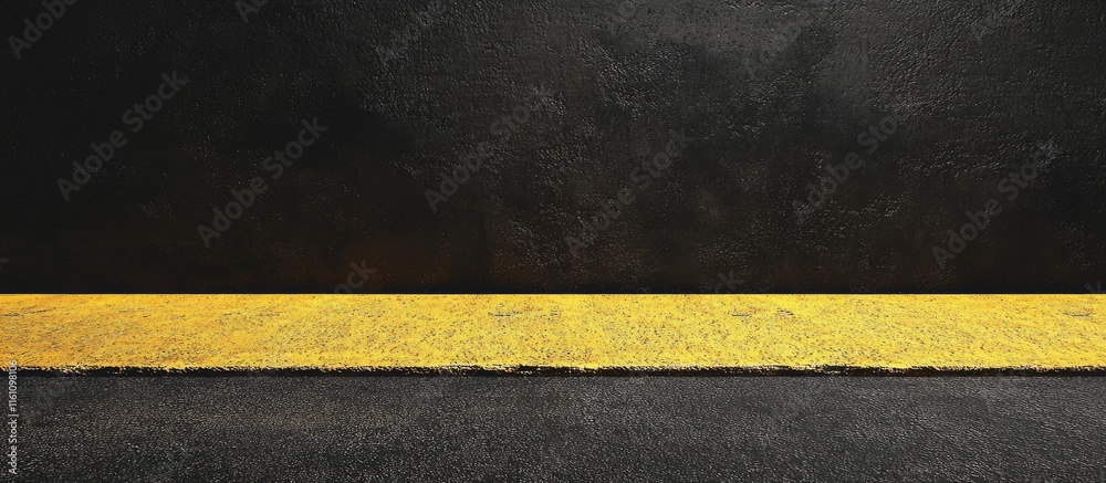 Poster yellow asphalt line on dark pavement creating a minimalistic background with space for text or desig