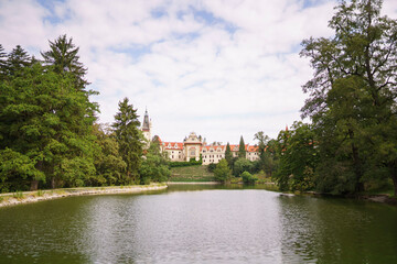 view of the castle Pruhonice in the park and lake