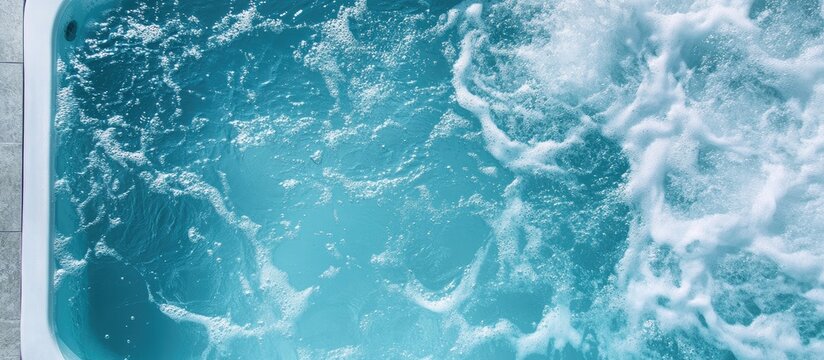 Aerial view of a luxurious jacuzzi swimming pool with hydromassage jets and vibrant turquoise water inviting relaxation and tranquility