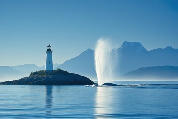 A serene coastal scene featuring a lighthouse on an island, with a water spout and mountains in the background, bathed in soft blue hues.