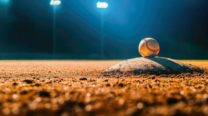 Baseball on pitcher's mound under stadium lights at night