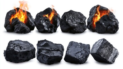 Burning Coal Lumps Isolated White Background Fiery Texture Image