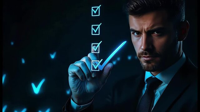 Confident man in a suit checking off a list in a dark setting, symbolizing success.